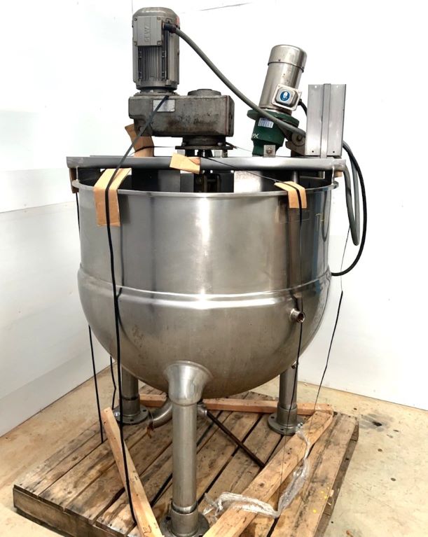 ***SOLD*** used 150 Gallon Groen Jacketed Double Motion Kettle with Scrape agitation, Model RA-150.  316 Stainless Steel. Jacketed rated 100 PSI @ 338 Deg.F.. NB# 138842. 3 HP main drive and 1.5 HP Lightnin model Mi1P4. clamp-on with turbine blade.  Last used in Chocolate Plant.  Jacket and Mixers tested.  
